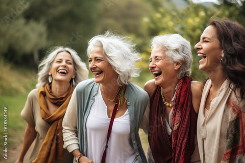 The portrait group shot of happy female elders enjoying a leisure time outdoors together Fototapet