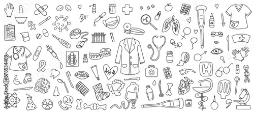 Hand drawn medical and medical drawings. Healthcare  pharmacy  medical icons collection. Vector 