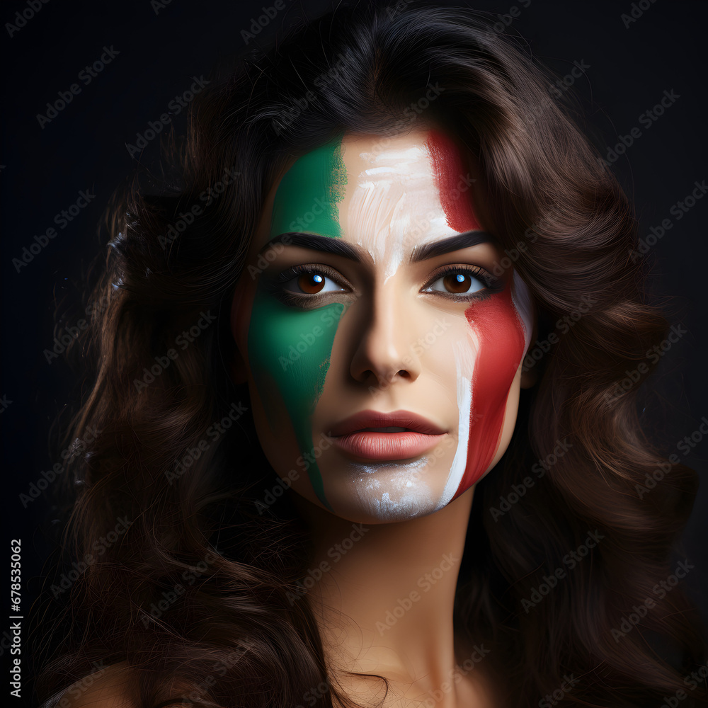 Italian woman wearing green, white, and red face paint colors of the flag of Italy. Generative ai. Italian woman wearing green, white, and red face paint colors of the flag of Italy. Generative ai.