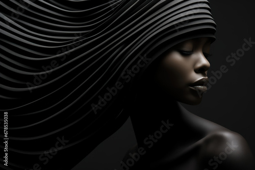 Abstract artistic female portrait. Flowing geometric shapes and a part of black woman silhouette