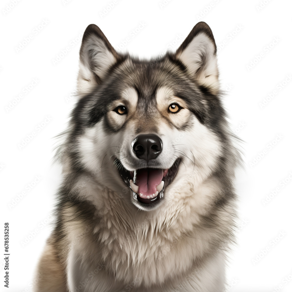 Smiling grey wolf, isolated on white background