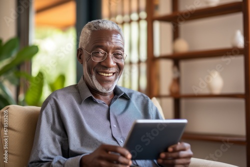 Cheerful senior grey-haired African American man in casual clothing uses digital tablet while sitting in armchair at home. Focused retired person browsing the Internet, watching news, reading e-book.