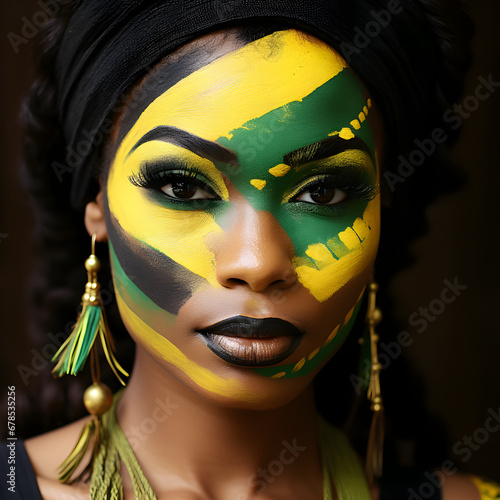 Jamaican woman wearing Jamaica flag face paint. Generative ai. 