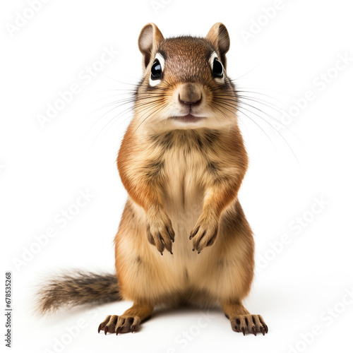 Cute chipmunk standing on his hind legs, isolated on white background