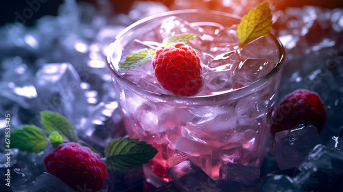 Cup rim close-up angle Ice purple berry juice.