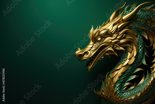 Green oriental dragon on green background  placeholder and copy space