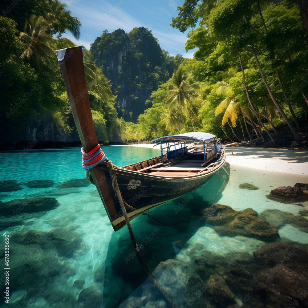 Longtail boat on a tropical island in crystal clear blue water. Generative ai. 