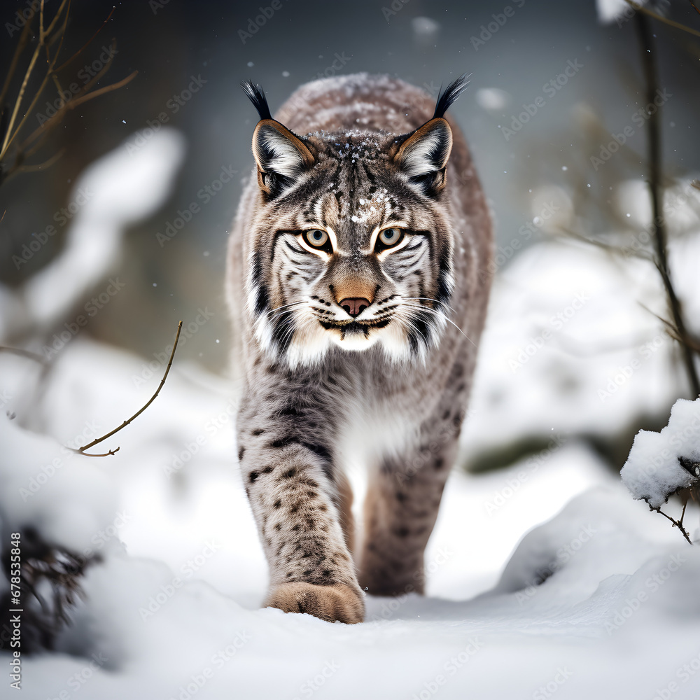 Obraz premium Lynx in the snow walking towards the camera. Generative ai. 