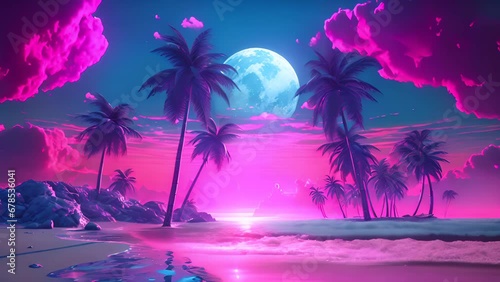 Vaporwave palm trees on the beach at sunset. Retrowave background. AI generated.