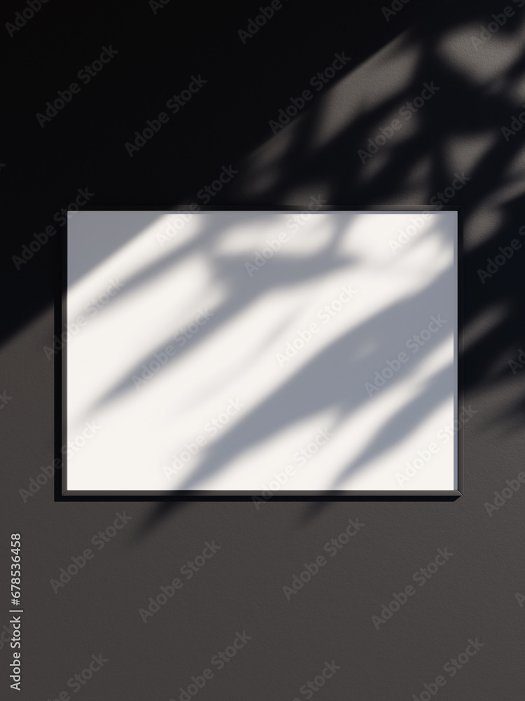 Frame mockup with copy space for artwork or photo hanging on the black wall Frame mockup with copy space for artwork or photo hanging on the black wall