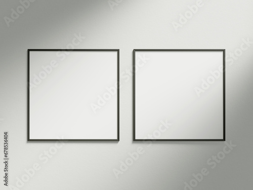Minimal picture poster frame mockup on white wallpaper with sunlight