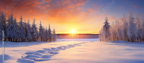 Winter forest and field at sunset