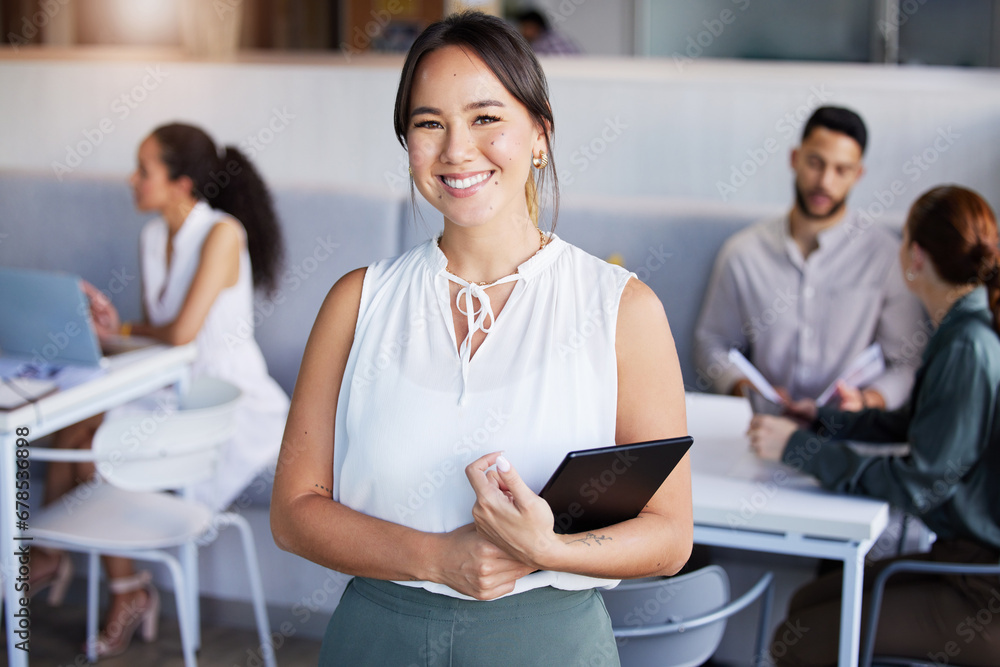 Businesswoman, office and portrait with tablet, employees and company staff. Corporate, finance manager and happy with feedback, professional and worker for management, career and smile with pride Businesswoman, office and portrait with tablet, employees and company staff. Corporate, finance manager and happy with feedback, professional and worker for management, career and smile with pride