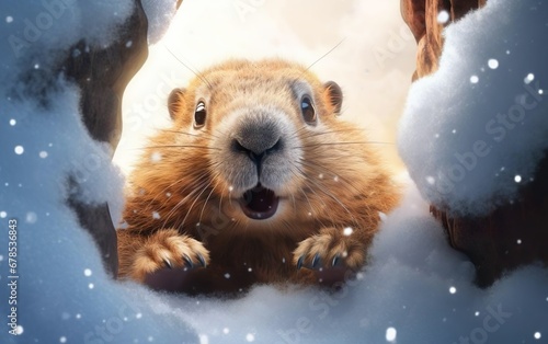 Cute fluffy cartoony groundhog comes out of a snowy hole after hibernation, soft warm backlight, sunny weather, de focus, snow framed, POV. Happy groundhog day banner or poster. AI Generative. photo