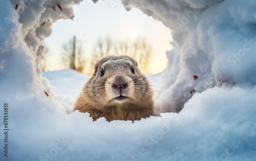 Fluffy photorealistic groundhog looking at the camera in a snowy hole after hibernation, POV. Happy groundhog day banner or poster framed by white snow. Beginning of spring mood. AI Generative. photo