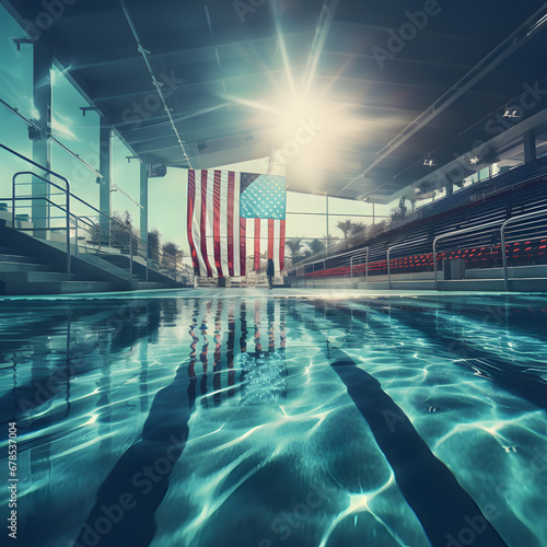 Olympic swimming pool with the American flag. Generative ai.  © PixelHD