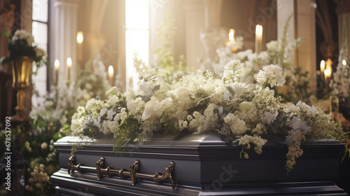 Closeup of modern Coffin in the church with fresh flowers, candles, funeral ceremony. Organization of funerals, farewell to the dead, funeral service. 