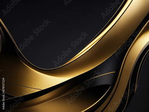 Curved gold and black lines on a black background. Illustration of liquid and flowing wave patterns.