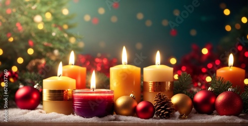 Candles light. Christmas candles burning at night. Abstract Cozy Christmas Atmosphere with a Candle - Blurred Background