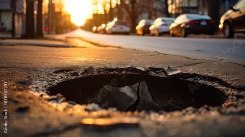 Hole in asphalt on road. Asphalted highway with cracks. Road repair, Damaged asphalt, Danger of road collapse.  © SnowElf