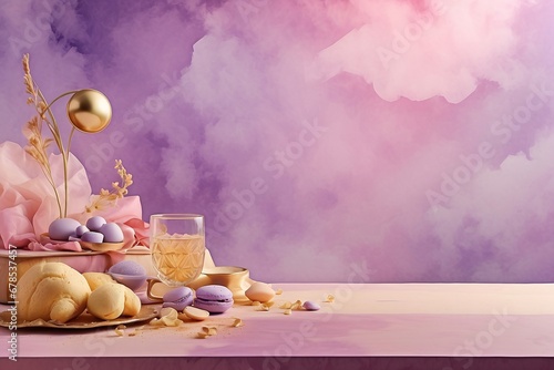 Purple and gold background for a menu with a minimalist and vintage style with ample blank space for text and descriptions. Watercolor style. Background for party, birthday, wedding or graduation.