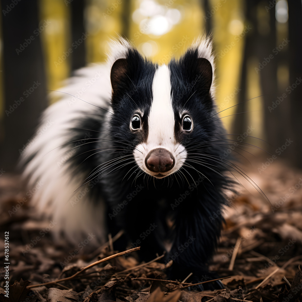 Skunk in nature looking at the camera. Generative ai.