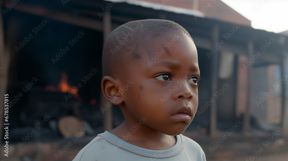 Pensive Child in Slum Environment, Contemplative Gaze, Outdoors Pensive Child in Slum Environment, Contemplative Gaze, Outdoors