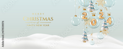 Happy New Year 2024. Christmas and New Year greeting card with transparent balls, golden realistic metallic numbers, christmas trees, ribbon and confetti.