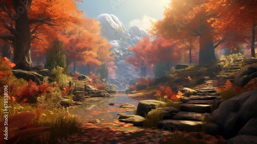 a tranquil autumn-themed forest with vibrant foliage