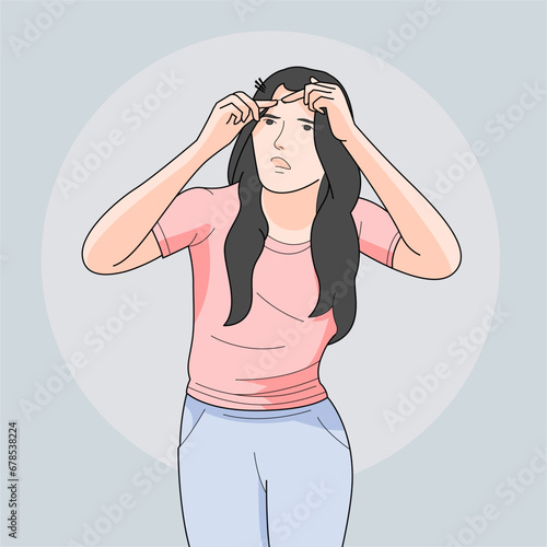 girl squeeze pimple in forehead because irritation skin 
