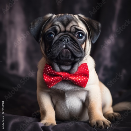The Dapper Pug  A Stylish Canine in a Delightful Red Bow Tie. A small pug dog wearing a red bow tie