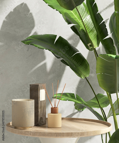 Round wooden podium table, aroma reed diffuser, tropical tree plant in sunlight on wall. Luxury organic cosmetic, skincare, body care, treatment, beauty, fashion product display background 3D photo