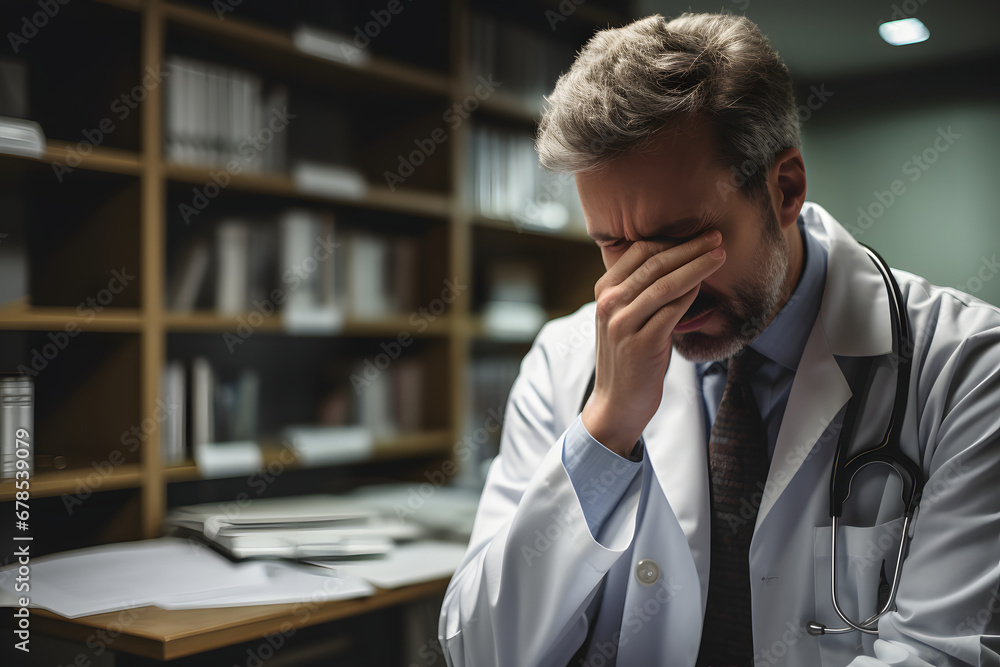 Doctor triste en su oficina frotandose los ojos en llanto cerca de su escritorio con libros - obrazy, fototapety, plakaty 