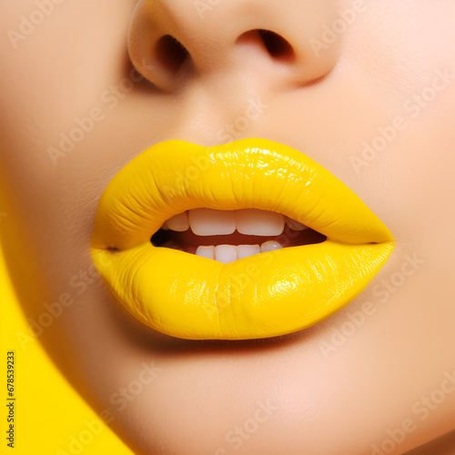 Woman wearing yellow lipstick. Generative ai. 