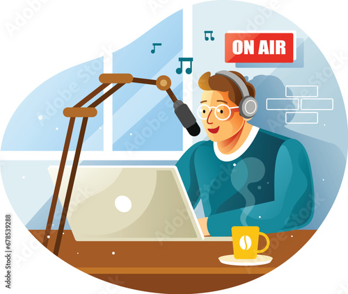 Radio host at studio speaking in the microphone