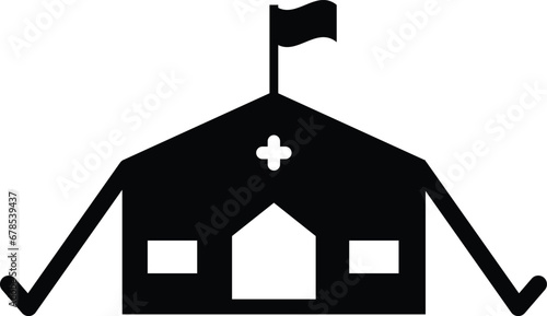 Military medical tent icon. Field Hospital sign. Tent with a flag symbol. flat style.