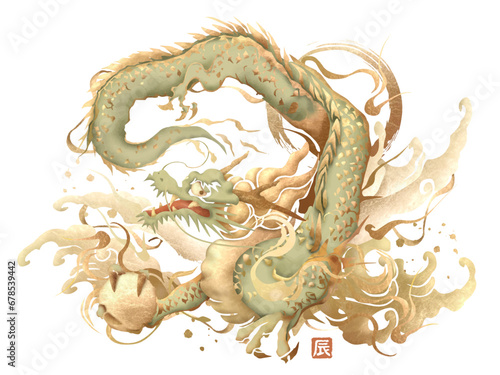 辰年, 辰, 龍, 年賀状, 2024年, 筆書き, 筆, ドラゴン, お正月, 金箔, ベクター, イラスト