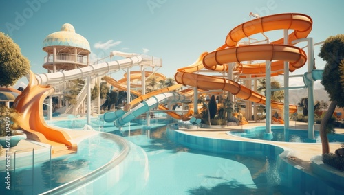 Summer water park, colorful water slides, swimming pools, palm trees.