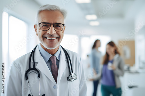 Doctor en consultorio con una sonrisa y dos pacientes de fondo desenfocadas bokeh, en un pasillo medico con ventanas bien iluminado blanco y pulcro