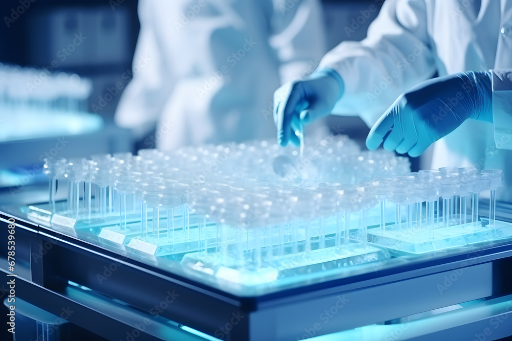 Probetas en laboratorio, plano a detalle de manos medicas con guantes manipulando las muestras Probetas en laboratorio, plano a detalle de manos medicas con guantes manipulando las muestras