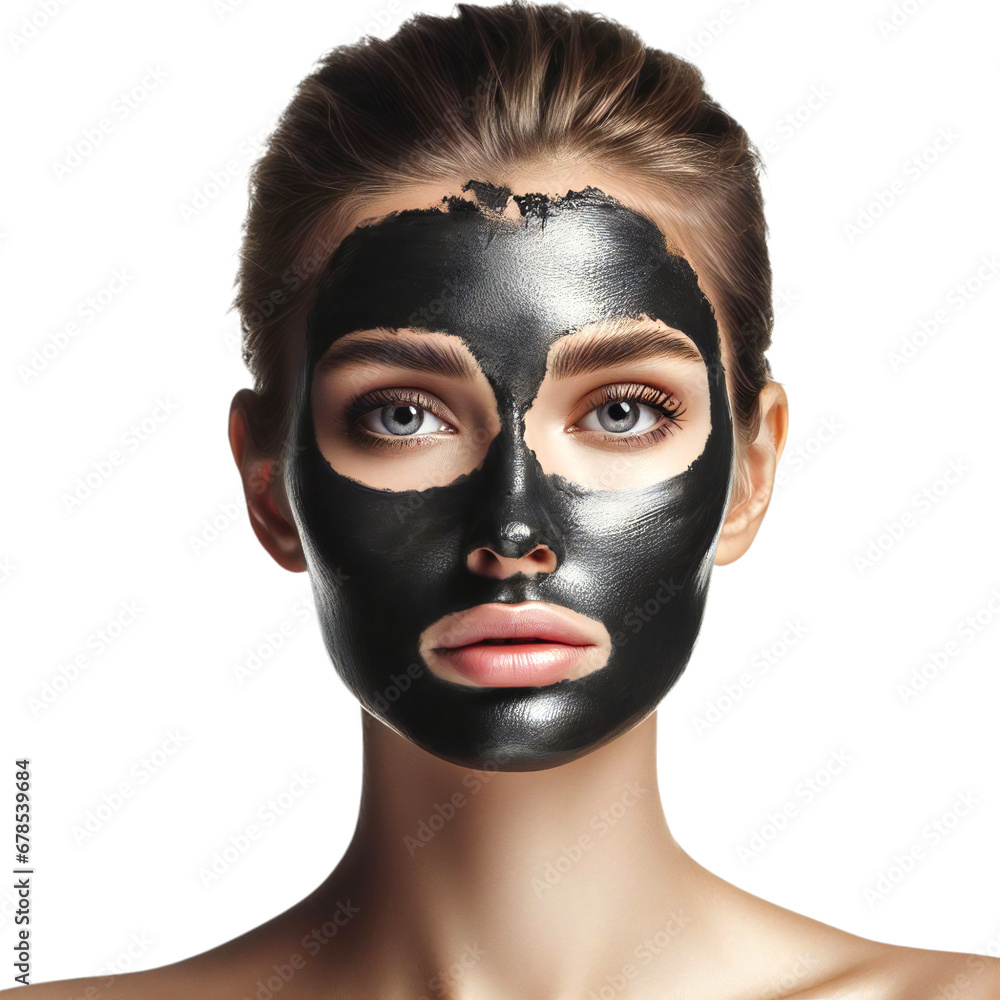 Young woman with activated charcoal mask on her face isolated on white, transparent background