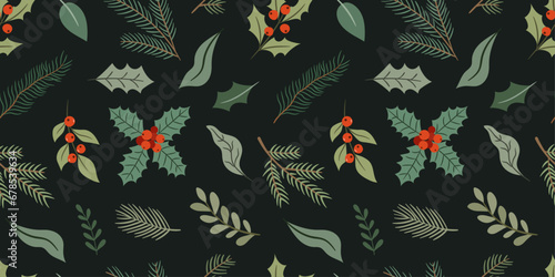 Winter seamless pattern with plants on a dark background