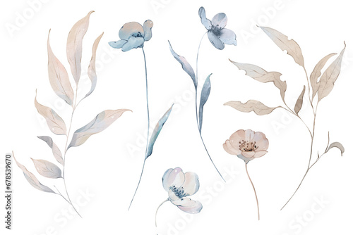 Fototapeta Naklejka Na Ścianę i Meble -  Watercolor winter floral set. Beige branch and navy blue wildflowers