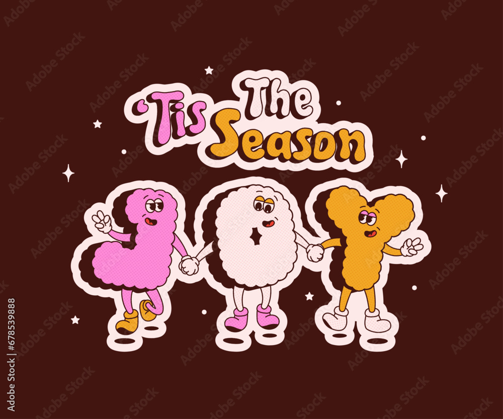 Christmas groovy mascot characters. JOY letters on bordo background.