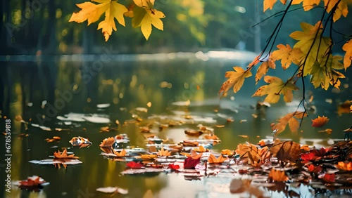 Autumn background with copy-space, yellow leaves and water surface. Ai generated.