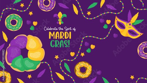 Mardi Gras carnival. Festive King Cake, baked, donuts with colorful icing, beads, necklaces, mask and feathers. Vector illustrations in cartoon style. Copy space. design for banner, flyer, card.