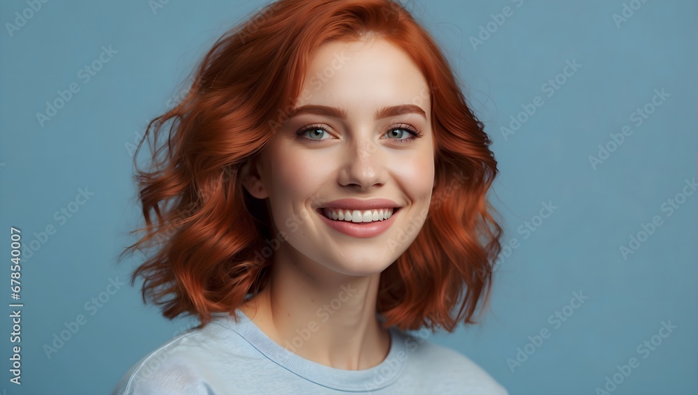 photo of young smiling woman, beautiful face, red hair isolated on light blue background photo of young smiling woman, beautiful face, red hair isolated on light blue background