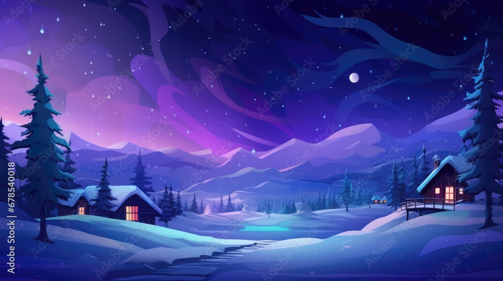 Snowy cartoon small village landscape background, concept art, digital illustration