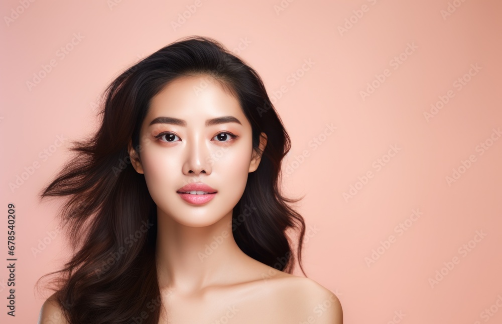Portrait of a pretty woman of Asian appearance. Makeup luxury charm pastel beige background. Healthy face skin care beauty, skincare cosmetics, dental. Portrait of a pretty woman of Asian appearance. Makeup luxury charm pastel beige background. Healthy face skin care beauty, skincare cosmetics, dental.