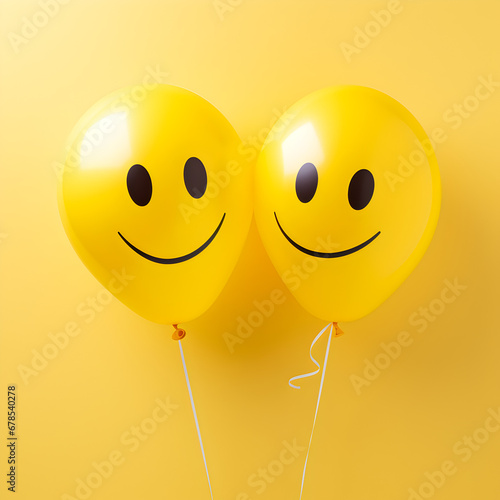 Two Smiley face yellow balloons with a yellow background. Ideal for birthday parties and other parties. Generative ai.